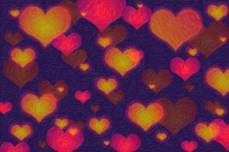 Multicolored different hearts, painted picture effect, dark violet backgroundの写真素材