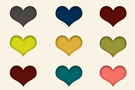 Nine multicolored hearts in white background, paper cut effectの写真素材