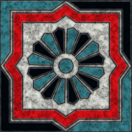 Light blue, red, black and white marble tile with flower patternの写真素材