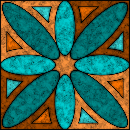 Light blue, navy, brown and light brown marble tile with flower patternの写真素材