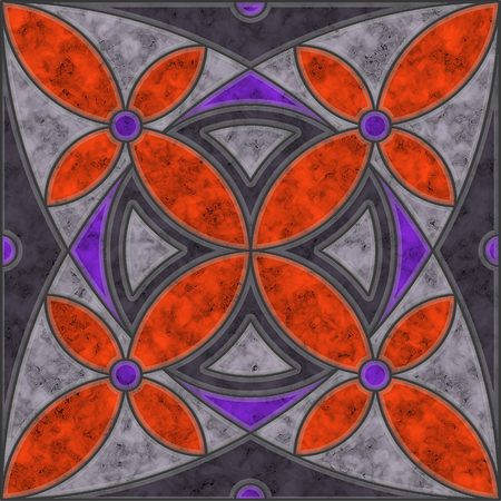 Orange, violet and grey marble tile with flower and circle patternの写真素材