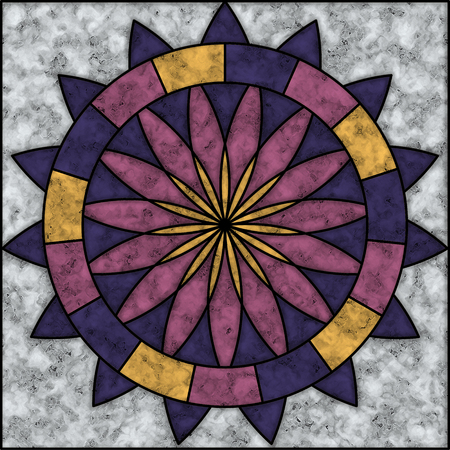 White, violet, magenta and yellow marble tile with abstract flower patternの写真素材