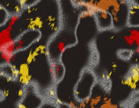 Black animal fur with bright red,yellow and brown random shape spots, seamless patternの写真素材