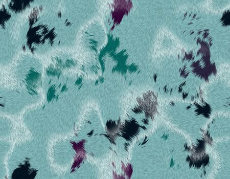 Light blue animal fur with bright green, violet and deep blue random shape spots, seamless patternの写真素材
