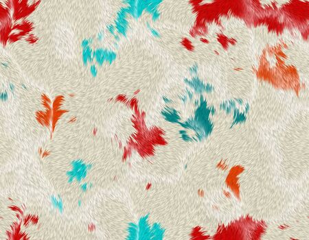 Milky color animal fur with red, blue, orange random shape spots, seamless patternの写真素材