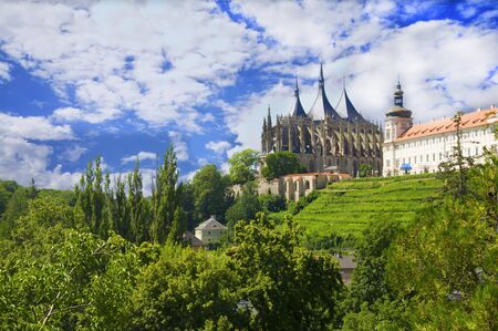 View of Santa Barbara's Cathedral, Jesuit college and big green garden, summer, Kutna Hora, Czech Republicの写真素材