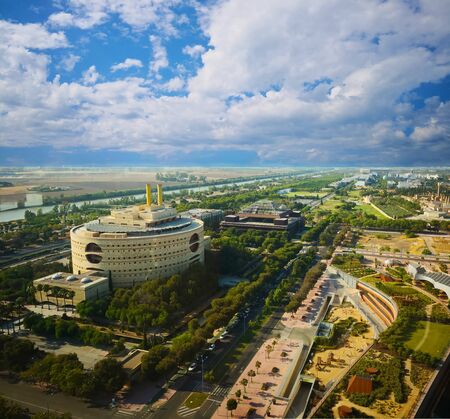 Wild view of the city, Ministry of education of Junta de Andalucia, sunny day, Seville, Spainの写真素材