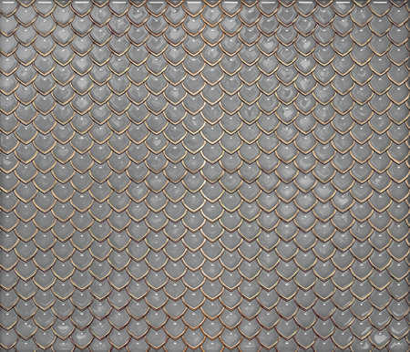Gray pearly snake skin with golden borders and reflection, long sharp scale. Fashionable print. Fashion and stylish background.の写真素材