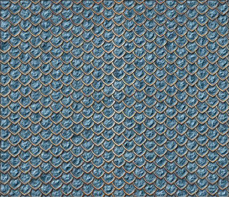 Blue rocky uneven snake skin with golden borders, long sharp scale. Fashionable print. Fashion and stylish background.の写真素材