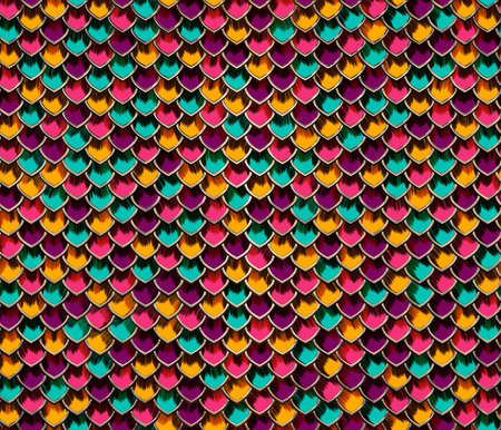 Violet, turquoise, orange and pink snake skin with golden borders and animal fur, long sharp scale. Fashionable print. Fashion and stylish background.の写真素材