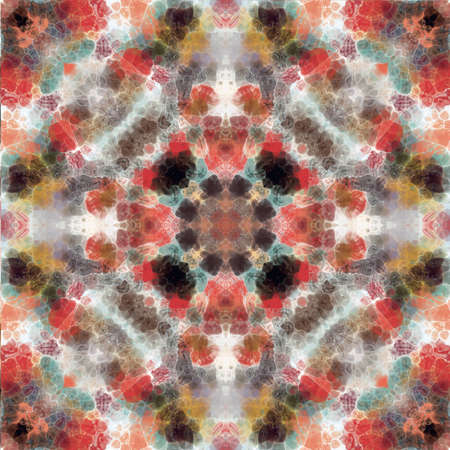 Abstract kaleidoscope background. Red, white, blue, brown and black colors. Beautiful multicolor kaleidoscope texture.の写真素材