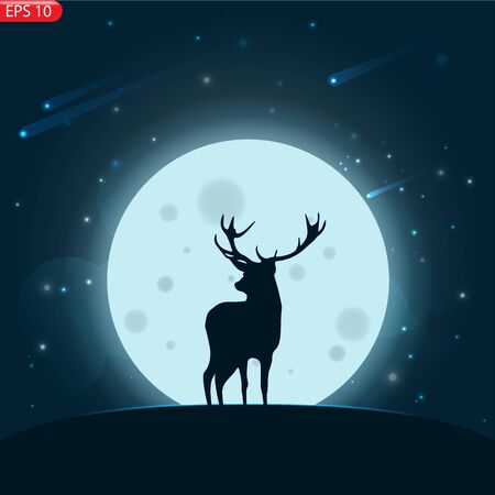 Silhouette of a deer with moonlight and stars. Night sky illustration, vector on mountain landscape-vector design.のイラスト素材