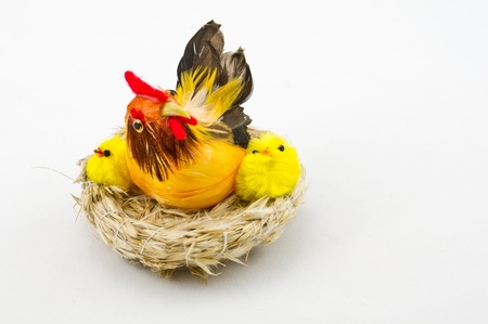 Two little chicks and hen in the nestの写真素材