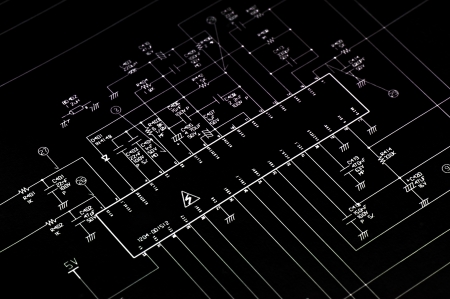 Electrical shematic diagram. Transistor, resistors, capatitors, diodes and other.