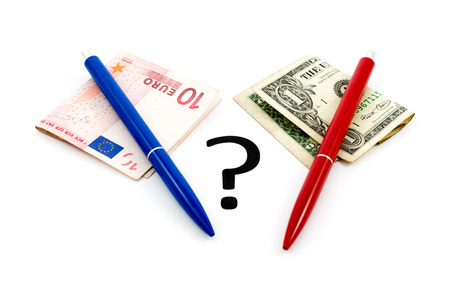 Problem of a choice of currency  Isolated on white background の写真素材