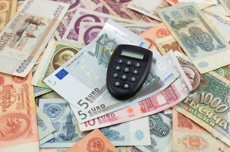 old Russian ruble banknotes, several euro and code generator の写真素材