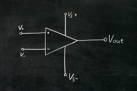 Operational amplifier circuit drawn on the blackboard with chalkの写真素材