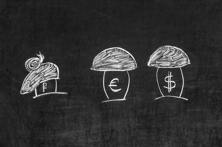 Dollar, the euro and the ruble shown as the mushroomsの写真素材