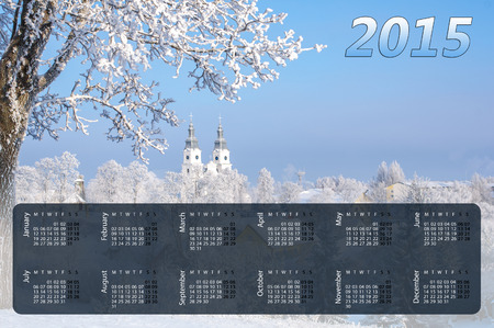 Calendar for 2015. Cold winter. Frosted town in Lithuania. Zemaiciu Kalvarijaの写真素材