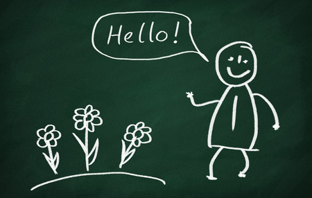 On the blackboard draw character and write Hello