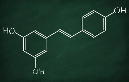 Chemical formula of Resveratrol on a blackboardの写真素材