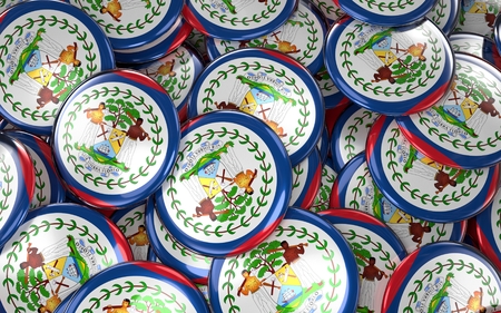Belize Badges Background - Pile of Belizean Flag Buttons. 3D Renderingの写真素材