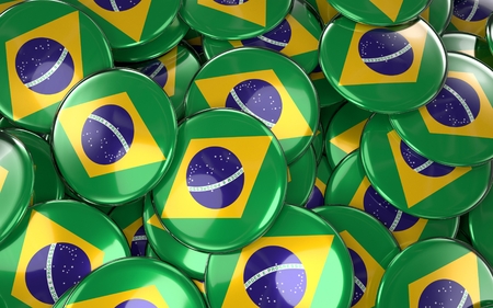 Brazil Badges Background - Pile of Brazilian Flag Buttons. 3D Renderingの写真素材