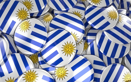 Uruguay Badges Background - Pile of uruguayan Flag Buttons. 3D Renderingの写真素材