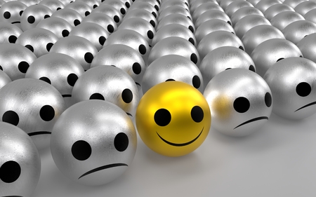 Yellow ball with happy face among so many silver sadness balls. 3D rendering.の写真素材