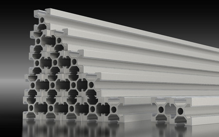 Several aluminum profile accessory isolated on white background. 3D rendering.