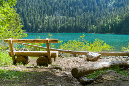 Bench by the black lake durmitor national park, zabljak, montenegroの写真素材