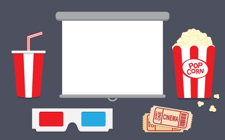 Popcorn, disposable cup for beverages with straw, clapper board and ticket. Cinema Poster Design Template.のイラスト素材