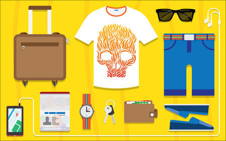 Flat design style modern vector illustration icons set of planning a summer vacation, travelling on holiday journey, tourism and travel objects, passenger luggage.のイラスト素材