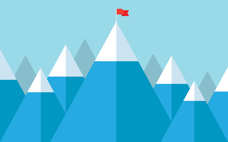 Vector illustration of success - top of the mountain with red flag. Flat illustration of a victory, goal achievement, getting things done.のイラスト素材