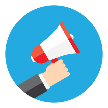 Vector promotion and advertising concept - icon in flat style. Male hand holding loudspeakerのイラスト素材