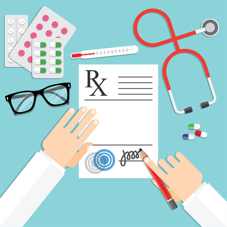 Medical Workplace. Doctor working at the table in clinic. Flat Design, Vector Illustration Iconsのイラスト素材