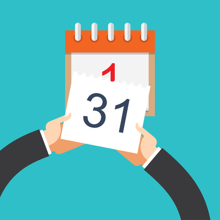 Vector illustration. Flat background with hand and calendar. Time and date. 31 december. New year.のイラスト素材