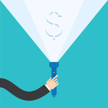 Flat flashlight and hand. search success profit concept background.のイラスト素材