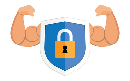 Shield with the image of a closed padlock on a background of strong handsのイラスト素材