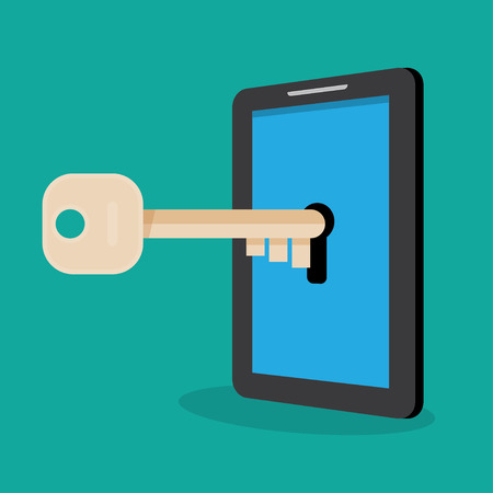 Thief or hacker hacking smartphone by key, Vector flat illustrationのイラスト素材