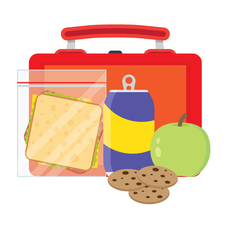 Lunch vector illustration. Lunch break concept. Lunch time design. Lunch box, sandwich, soda and an apple. Lunch icon in flat style. Lunch school. Lunch kids image.のイラスト素材
