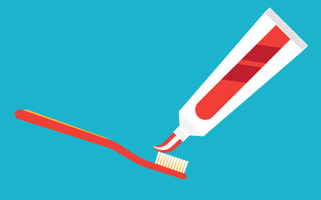 Extrude a toothpaste from a tube on a toothbrush. Hygiene and teeth care concept. Isolated vector...
