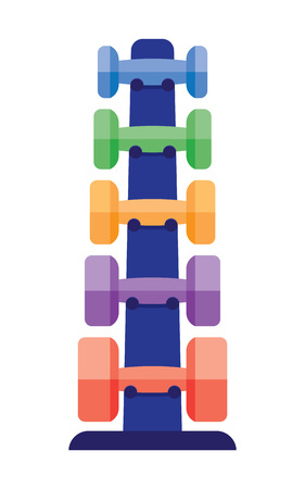 Dumbbells stack lined up. Rack with metal dumbbells stack vector. Stand with dumbbells stack in a gym center as indoor workout activity. Dumbbells stack heavy equipment gym health workout.のイラスト素材