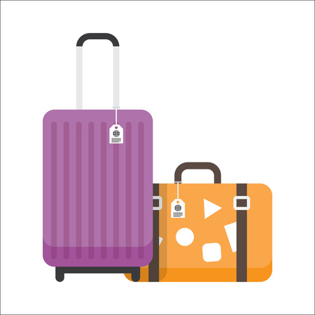 Two travel suitcases with tags and stickers. Flat vector illustration isolated on a white backgroundのイラスト素材