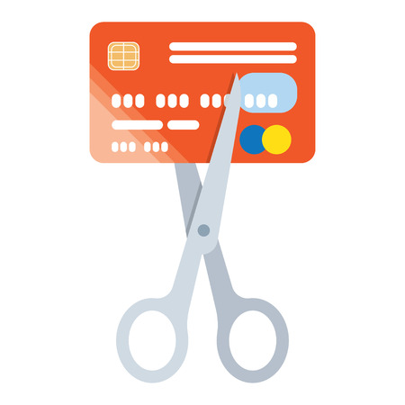 Scissors cutting credit card icon. Reduce cost concept. Flat designのイラスト素材