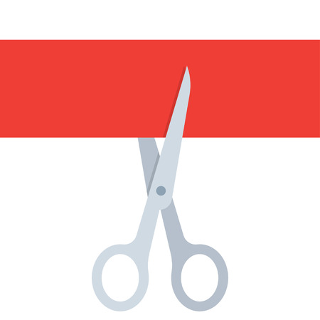 Scissors and Cutting Red Ribbon Concept in Flat Retro Style. Vector illustrationのイラスト素材