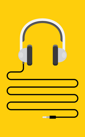 Headphones with cord and plug. on yellow background illustrationのイラスト素材