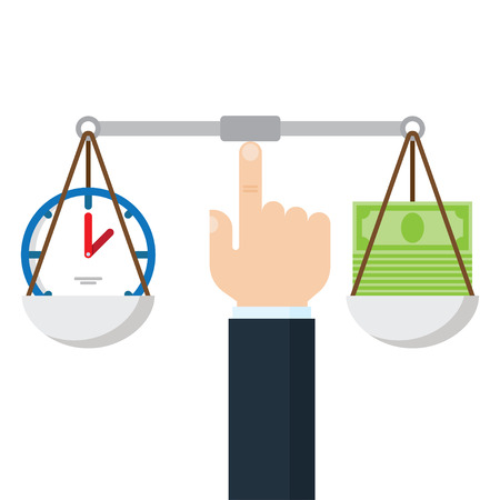 Time is money concept. clock and money symbols on balance scale. Vector illustration.のイラスト素材