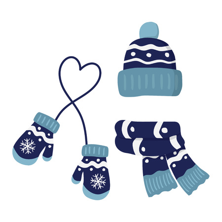 winter knitted mittens, beanie hat with pom pom and scar, set in blue color vector illustrationのイラスト素材