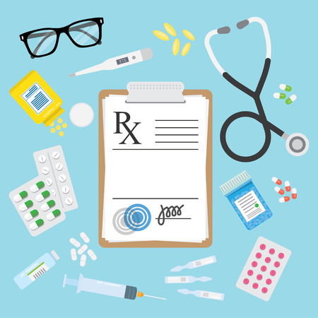 Empty medical prescription Rx form and Stethoscope, medicines, pills, tablets, ampulla, bottles, troches isolated. Healthcare. Vector illustration Flat styleのイラスト素材